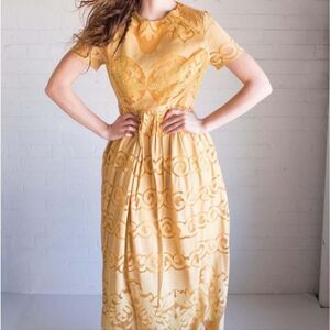 Pepaloves‎ Mustard Yellow Short Sleeve Sheer Lace Maxi Dress Size XS